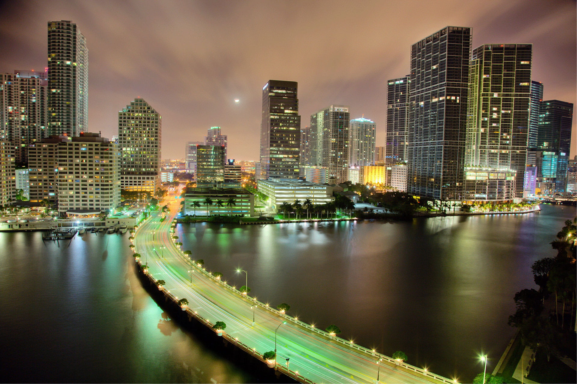 Miami Boardwalk to City at Night