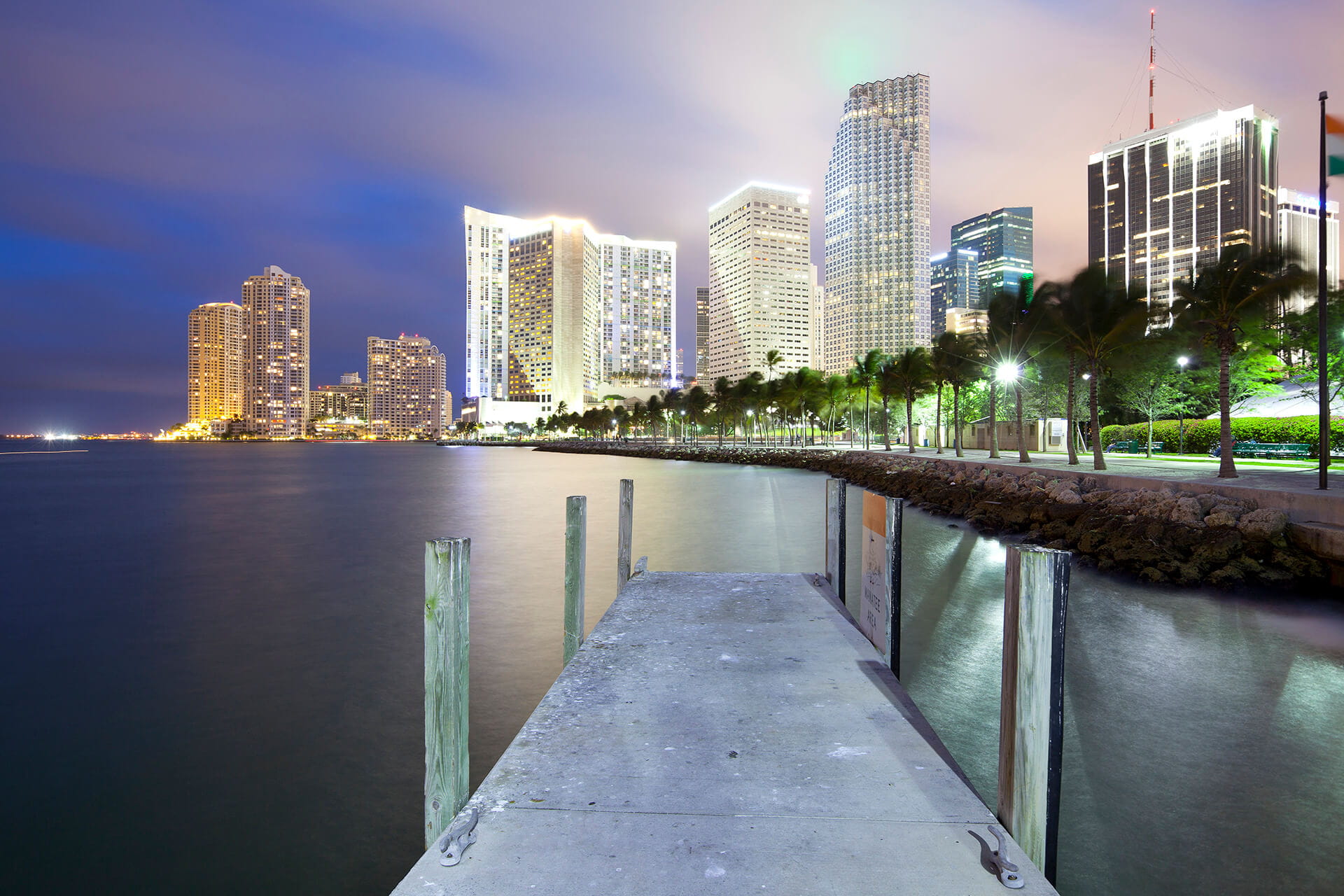 Miami Skyline through Fishing Dock at Night